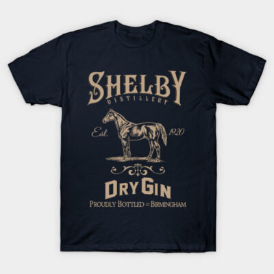 Navy blue t-shirt with vintage Shelby Distillery design, featuring horse graphic and text, ideal for casual wear.