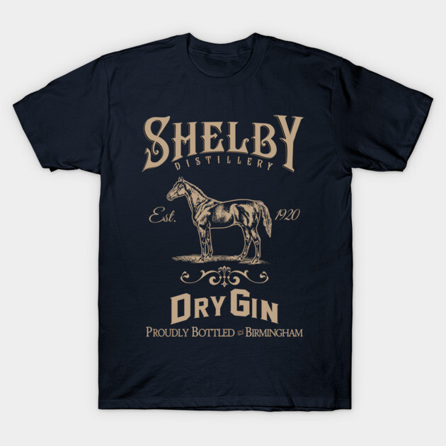 Navy blue t-shirt with vintage Shelby Distillery design, featuring horse graphic and text, ideal for casual wear.