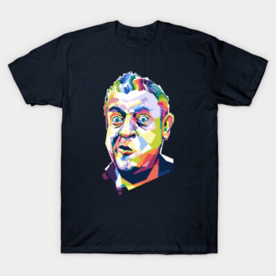 "Black graphic t-shirt with colorful abstract face design, casual style, cotton material, unisex fit."