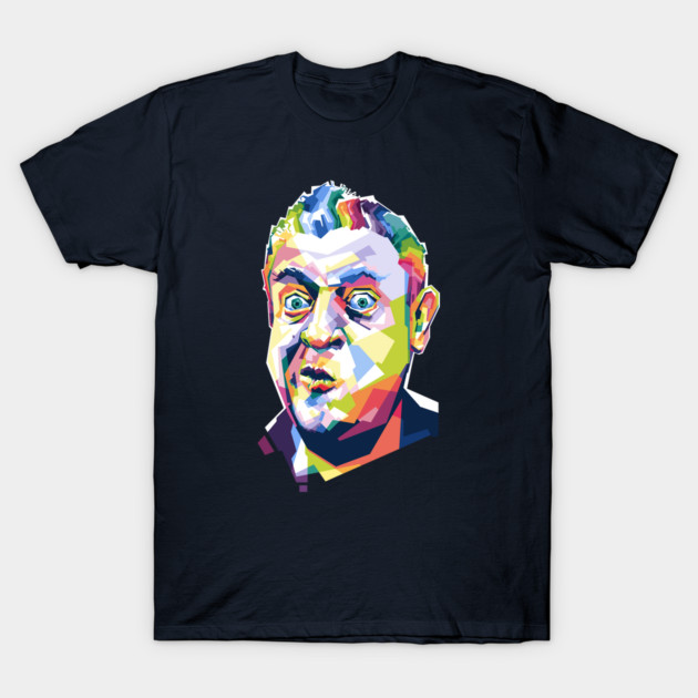 "Black graphic t-shirt with colorful abstract face design, casual style, cotton material, unisex fit."