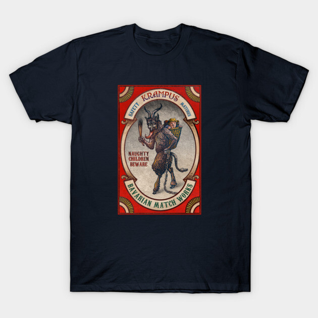 Navy blue t-shirt with vintage Krampus design, featuring red and beige accents for holiday or festive occasions.