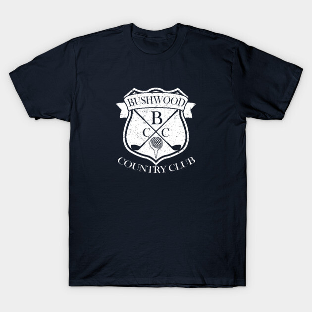 Navy blue t-shirt with "Bushwood Country Club" graphic in white, casual style, ideal for everyday wear.