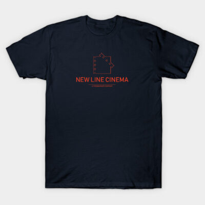Navy blue t-shirt with red "New Line Cinema" logo, casual style, perfect for movie enthusiasts, 100% cotton material.