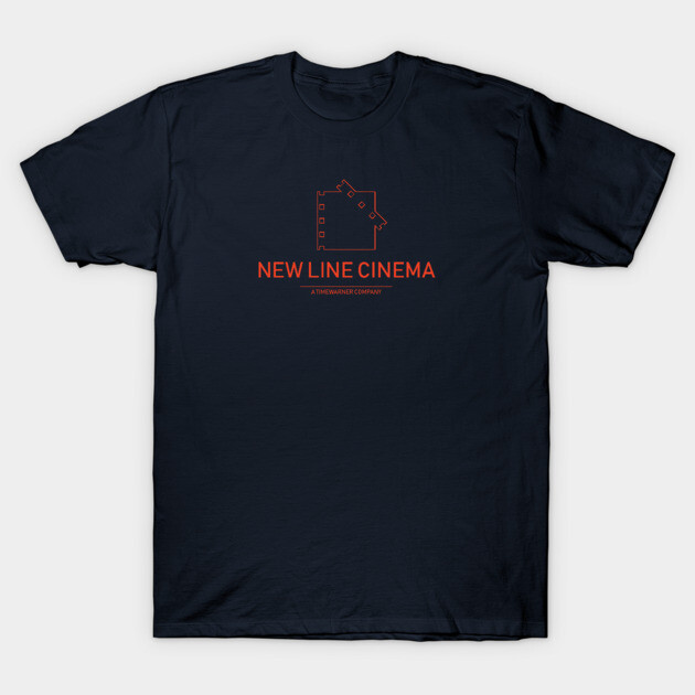 Navy blue t-shirt with red "New Line Cinema" logo, casual style, perfect for movie enthusiasts, 100% cotton material.