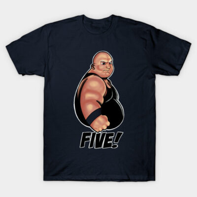 Navy blue t-shirt with bold graphic design and "FIVE!" text, perfect for casual wear. Cotton material for comfort.
