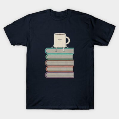 Navy T-shirt with cute coffee mug sitting on colorful book stack graphic, perfect for book lovers and casual wear.