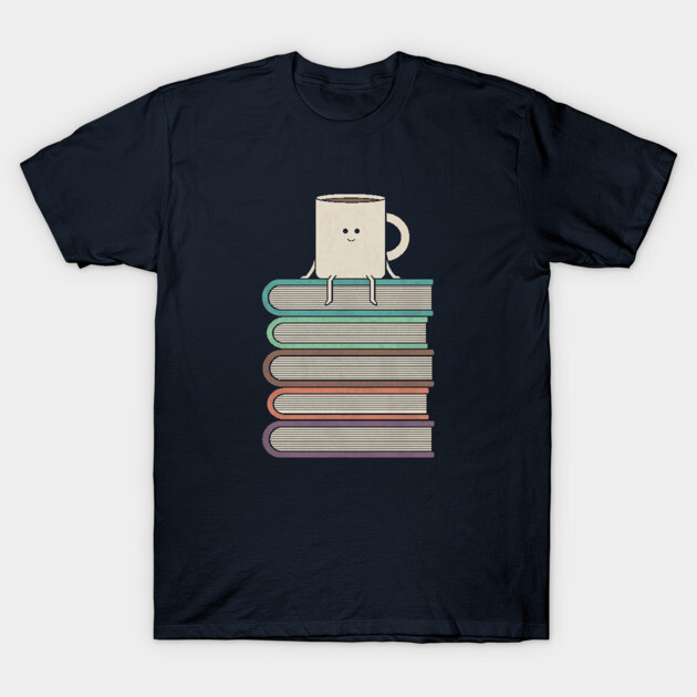Navy T-shirt with cute coffee mug sitting on colorful book stack graphic, perfect for book lovers and casual wear.