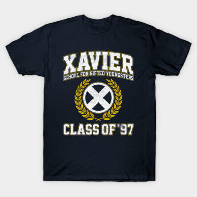 Navy blue t-shirt with "Xavier School for Gifted Youngsters Class of '97" text and emblem, casual cotton wear.