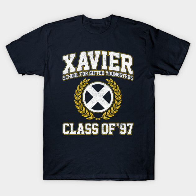 Navy blue t-shirt with "Xavier School for Gifted Youngsters Class of '97" text and emblem, casual cotton wear.