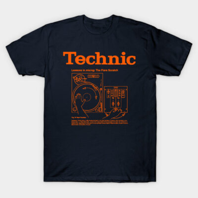 Navy blue t-shirt with orange DJ turntable design, "Technic" text, casual style, cotton material, unisex.