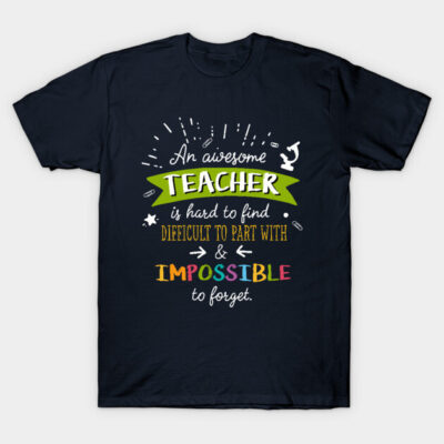 Navy blue t-shirt with colorful "Awesome Teacher" quote design, perfect for educators, made from soft cotton.