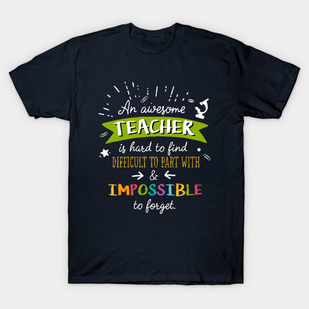Navy blue t-shirt with colorful "Awesome Teacher" quote design, perfect for educators, made from soft cotton.
