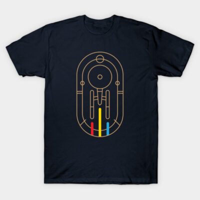 Navy blue t-shirt with futuristic design in gold, red, and blue lines, casual wear, 100% cotton, unisex.
