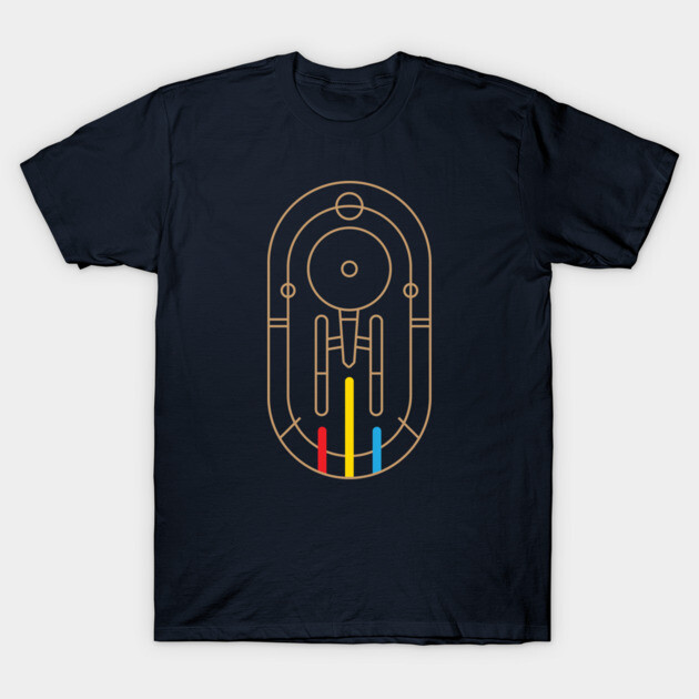 Navy blue t-shirt with futuristic design in gold, red, and blue lines, casual wear, 100% cotton, unisex.