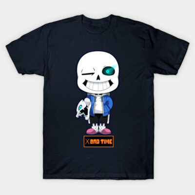 Navy blue graphic tee with cartoon skeleton design, perfect for casual wear, made from soft cotton material.