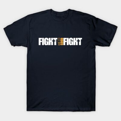 Navy blue cotton t-shirt with "Fight the Good Fight" text in white and orange, casual wear, unisex style.