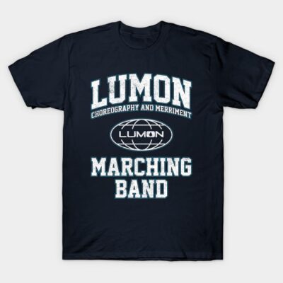 Black t-shirt with "Lumon Marching Band" text, casual style, perfect for music enthusiasts, made of soft cotton fabric.