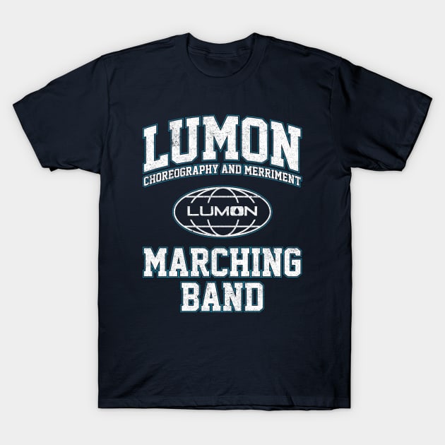 Black t-shirt with "Lumon Marching Band" text, casual style, perfect for music enthusiasts, made of soft cotton fabric.