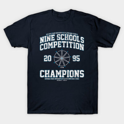 Navy blue graphic t-shirt featuring "Nine Schools Competition 1995 Champions" text, casual cotton wear.