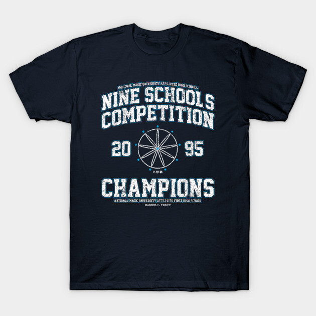 Navy blue graphic t-shirt featuring "Nine Schools Competition 1995 Champions" text, casual cotton wear.