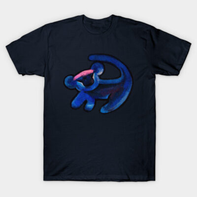 Navy blue t-shirt with abstract blue and pink graphic design, casual wear, cotton material, unisex style.