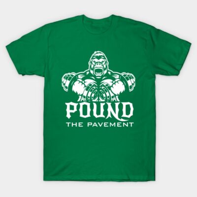 Green graphic t-shirt featuring bold gorilla design and "Pound the Pavement" text, ideal for casual wear.