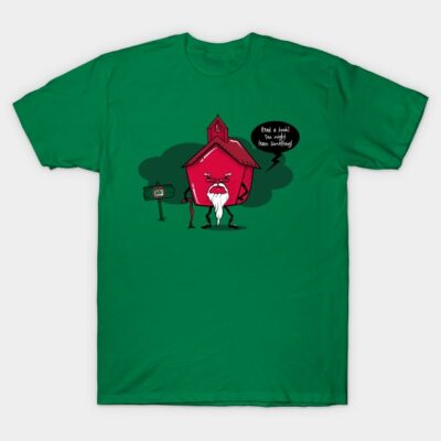 Green graphic t-shirt with a quirky red schoolhouse design and playful text, perfect for casual wear and gifting.