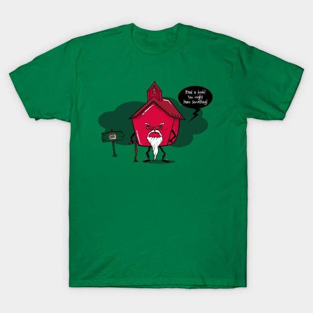 Green graphic t-shirt with a quirky red schoolhouse design and playful text, perfect for casual wear and gifting.
