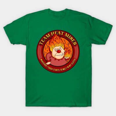 Green "Team Heat Miser" graphic t-shirt, featuring fiery cartoon design, casual wear, cotton material.