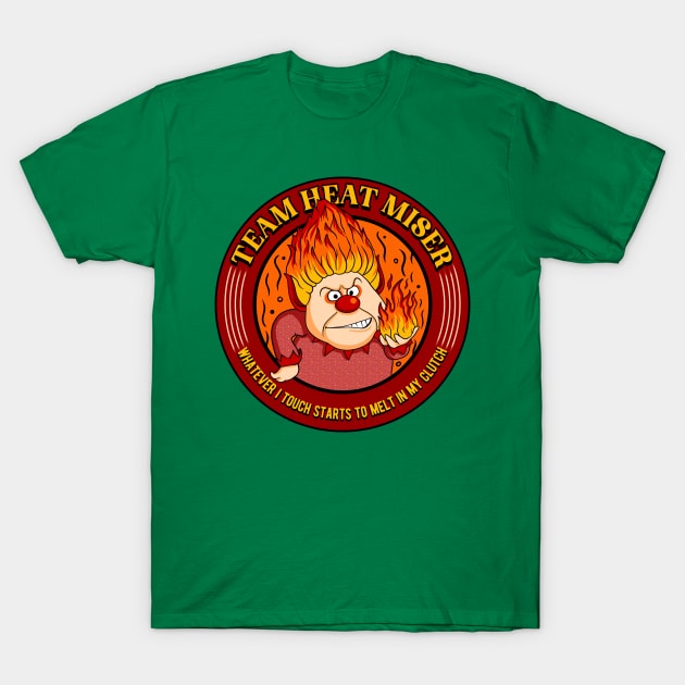 Green "Team Heat Miser" graphic t-shirt, featuring fiery cartoon design, casual wear, cotton material.