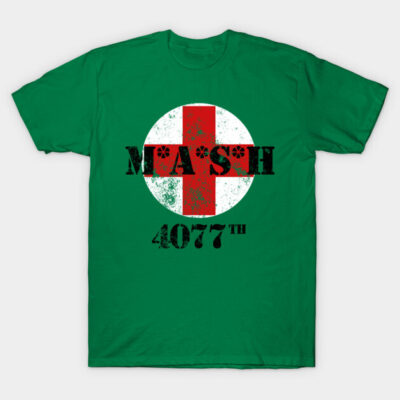 Green MASH 4077th t-shirt with distressed red and white cross design, casual cotton tee for fans and collectors.