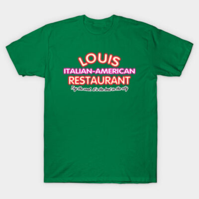 Green t-shirt with "Italian-American Restaurant" neon design, casual style, perfect for everyday wear.