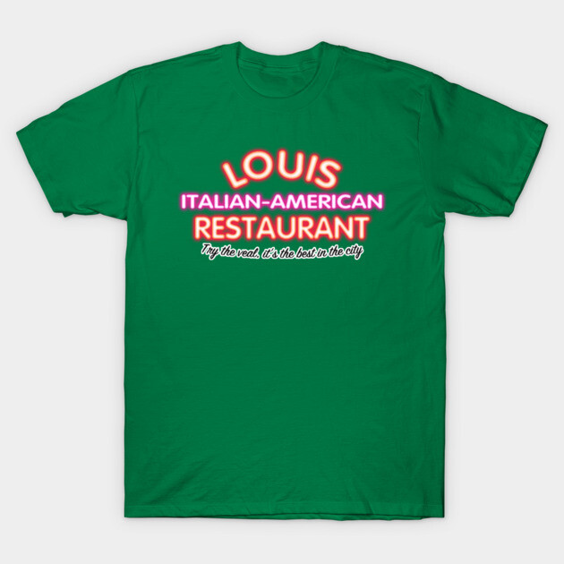 Green t-shirt with "Italian-American Restaurant" neon design, casual style, perfect for everyday wear.