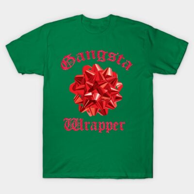 Green t-shirt with "Gangsta Wrapper" text and red bow graphic, casual wear, cotton material, festive design.