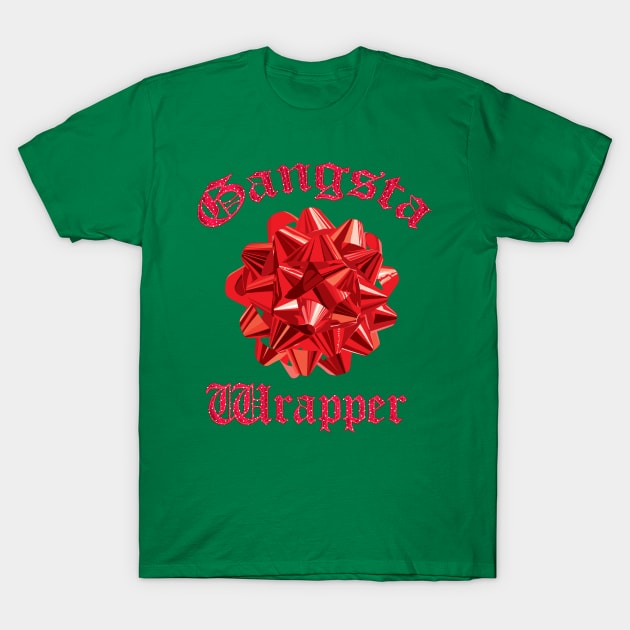 Green t-shirt with "Gangsta Wrapper" text and red bow graphic, casual wear, cotton material, festive design.