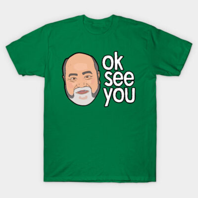 Green graphic T-shirt with cartoon face and "ok see you" text, casual style, cotton material, unisex design.
