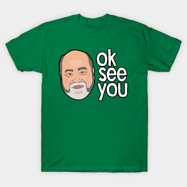 Green graphic T-shirt with cartoon face and "ok see you" text, casual style, cotton material, unisex design.