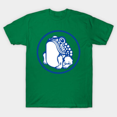 Green t-shirt with blue and white frog design, casual cotton apparel for everyday wear.