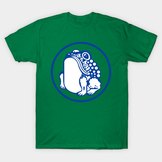 Green t-shirt with blue and white frog design, casual cotton apparel for everyday wear.