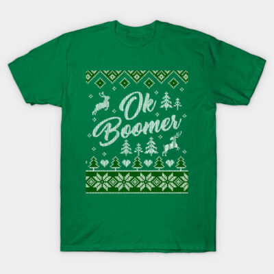 Green novelty t-shirt with "Ok Boomer" text and festive pattern, casual wear, cotton material, unisex style.