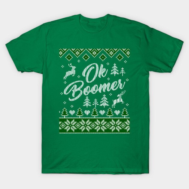 Green novelty t-shirt with "Ok Boomer" text and festive pattern, casual wear, cotton material, unisex style.