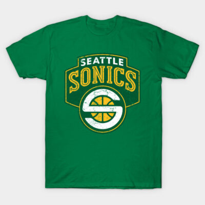 Green Seattle Sonics logo T-shirt, vintage style, unisex casual wear, cotton material, perfect for basketball fans.
