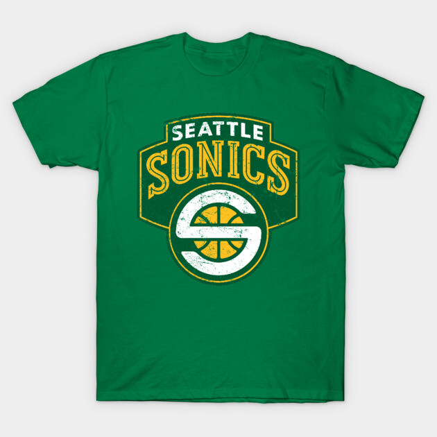 Green Seattle Sonics logo T-shirt, vintage style, unisex casual wear, cotton material, perfect for basketball fans.