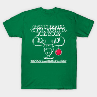 Green Christmas-themed T-shirt with humorous moose and eggnog graphic; casual holiday wear, cotton material.