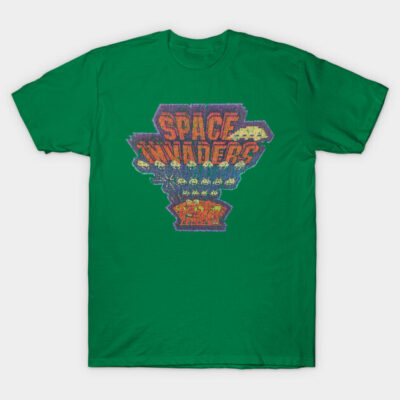 Green cotton t-shirt featuring retro video game graphic design, perfect for casual wear and gaming enthusiasts.