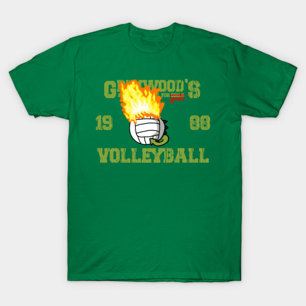 Green volleyball-themed t-shirt with fiery graphic and vintage text design, ideal for sports enthusiasts.