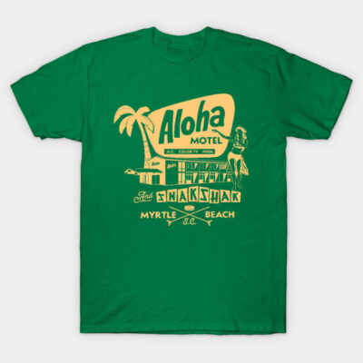 Green graphic tee with vintage Aloha Motel design, palm tree, and Myrtle Beach text, ideal for casual wear.
