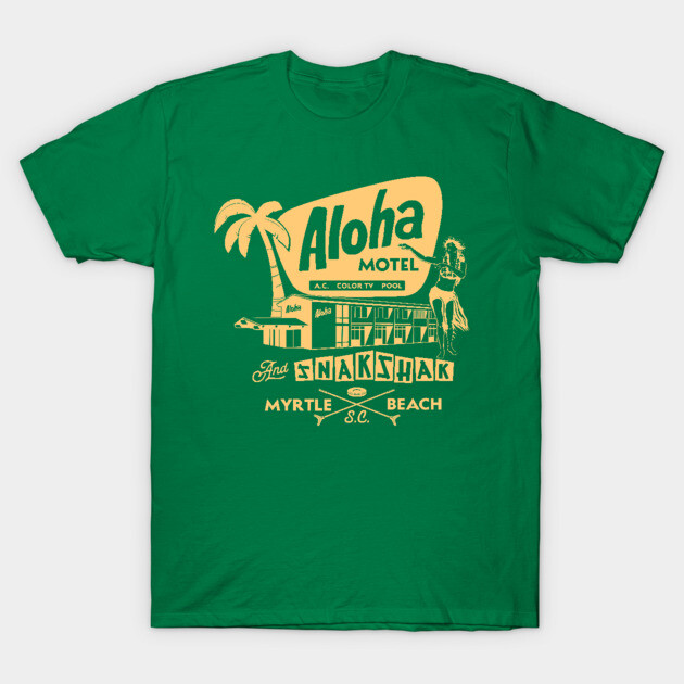Green graphic tee with vintage Aloha Motel design, palm tree, and Myrtle Beach text, ideal for casual wear.