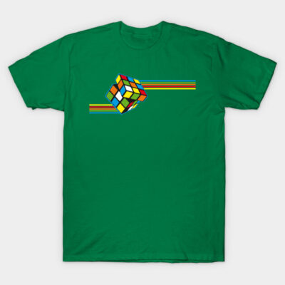 Green t-shirt with colorful Rubik's Cube and stripe design, casual wear, 100% cotton, unisex style.