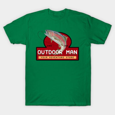 Green t-shirt with fish graphic and "Outdoor Man" logo, perfect for fishing enthusiasts, cotton material.